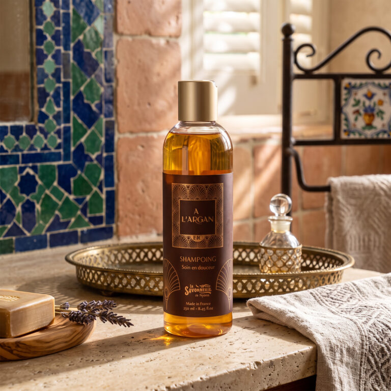 flacon de shampoing à l'huile d'argan bio. Fabriqué en France