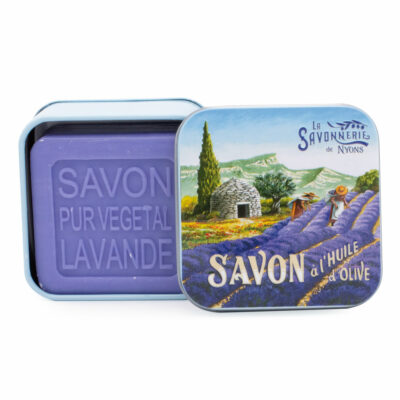 Savons dans une boite en métal avec une illustration de la borie de la collection de savons "Boites avec Savons" - Fabrication traditionnelle française par La Savonnerie de Nyons