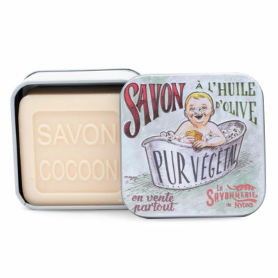 Boite à savon en métal avec une illustration retro d'un bébé prenant son bain de la collection de savons "Boites avec Savons"
