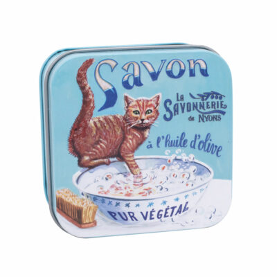 Boite à savon en métal retro illustrée avec un chat roux de la collection de savons parfumés "Boites avec Savons" - Fabriqué en France par La Savonnerie de Nyons