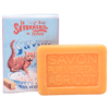 Mini savon rectangle de 25g à l'abricot avec un emballage papier illustré par un chat roux de la collection "Mini savons" - Fabriqué en France par La Savonnerie de Nyons