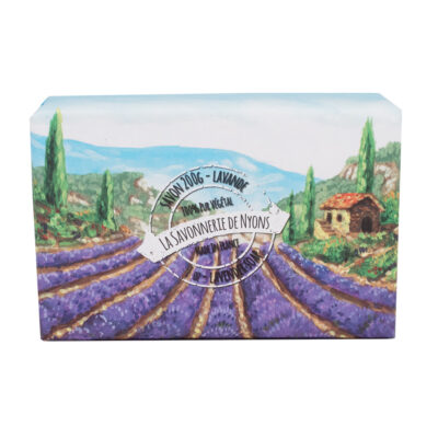 Savon de 200g à la lavande avec emballage papier avec une illustration aquarelle d'un champ de lavande de la collection "Savons solides et liquides" - Fabriqué en France par La Savonnerie de Nyons