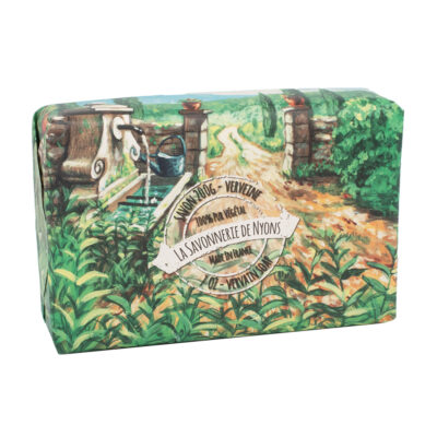 Savon de 200g à la verveine avec emballage papier avec une illustration aquarelle d'un jardin provençal de la collection "Savons solides et liquides" - Fabriqué en France par La Savonnerie de Nyons