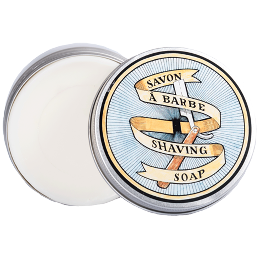 Soins naturels pour homme : le guide pratique barbe, rasage et peau | La Savonnerie de Nyons Savon de rasage pour la barbe et sa boite en metal illustrée par un dessin vintage de rasoir ancien de la collection "Barbe et Alun" - Fabriqué en France par La Savonnerie de Nyons