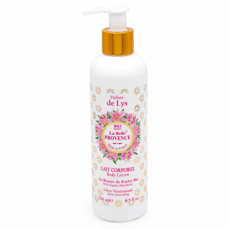 Lait corps au lys de la collection La Belle Provence, flacon pompe de 250 ml