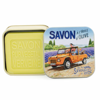 Savons dans une boite en métal avec une illustration de Mehari de la collection de savons "Boites avec Savons"