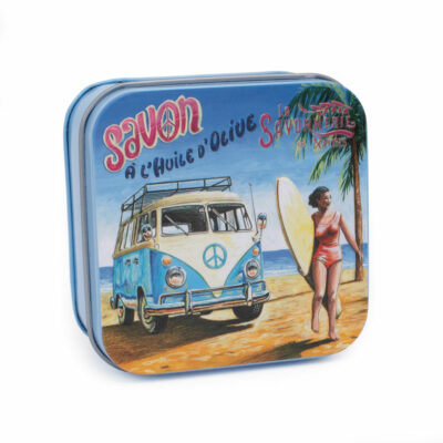 Savons dans une boite en métal avec une illustration de Combi Wolksvagen de la collection de savons "Boites avec Savons" - Fabriqué en France par La Savonnerie de Nyons