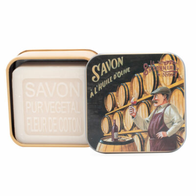 Savon dans une boite en métal avec une illustration de caviste de la collection de savons "Savons des Métiers"