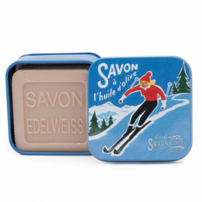 Savons dans une boite en métal avec une illustration de skieur de la collection de savons "Boites avec Savons"