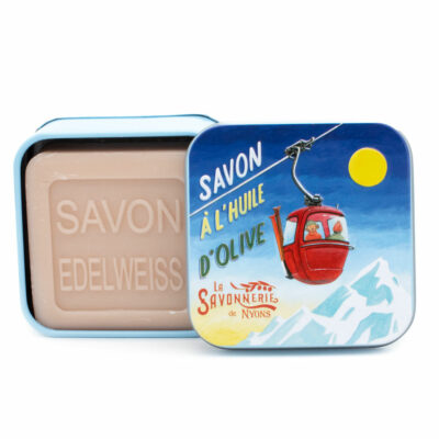 Savon à l'Edelweiss dans une boite en métal avec une illustration d'oeuf teleferique rouge de la collection de savons "Boites avec Savons"