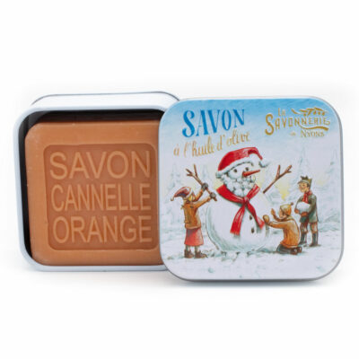 Savon de 100g dans une boite en métal avec une illustration de bonhomme de neige de la collection de savons "Boites avec Savons"