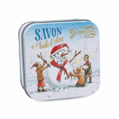 Boite à savon en métal avec une illustration de bonhomme de neige de la collection de savons "Boites avec Savons" - Fabriqué en France par La Savonnerie de Nyons