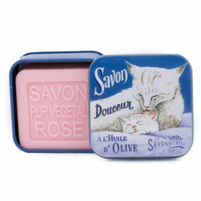 Savon de 100g á la rose dans une boite en métal avec une illustration de chat et chaton de la collection de savons "Boites avec Savons"
