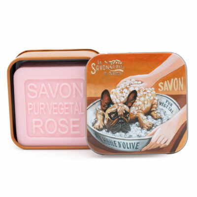 Savon de 100g dans une boite en métal avec une illustration de chien Bulldog de la collection de savons "Boites avec Savons"