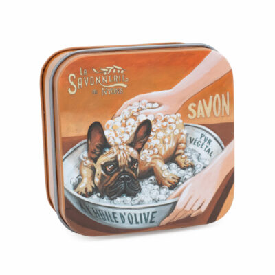 Boite à savon en métal avec une illustration de chien Bulldog français de la collection de savons "Boites avec Savons" - Fabriqué en France par La Savonnerie de Nyons
