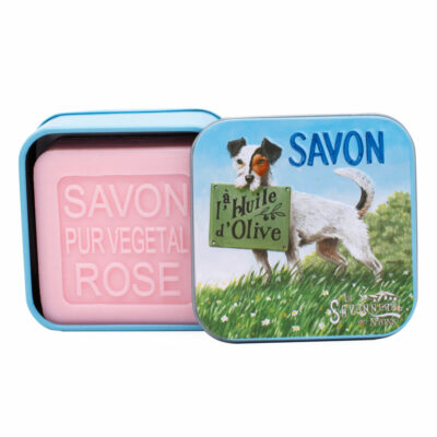 Savon de 100g dans une boite en métal avec une illustration de chien Jack Russel de la collection de savons "Boites avec Savons" - Fabriqué en France par La Savonnerie de Nyons
