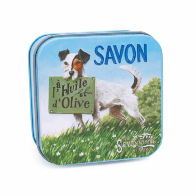 Boite à savon en métal avec une illustration de chien Jack Russel de la collection de savons "Boites avec Savons"