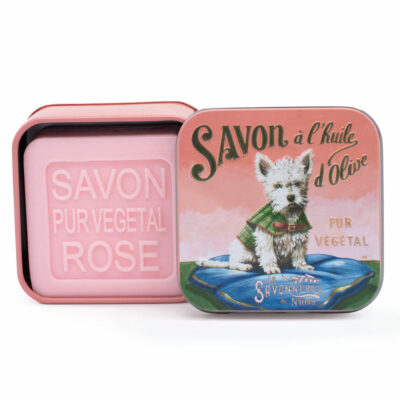 Savon de 100g dans une boite en métal avec une illustration de chien Westie de la collection de savons "Boites avec Savons"