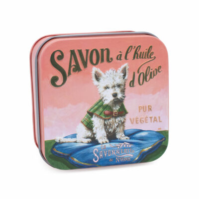 Boite à savon en métal avec une illustration de chien Westie de la collection de savons "Boites avec Savons" - Fabriqué en France par La Savonnerie de Nyons