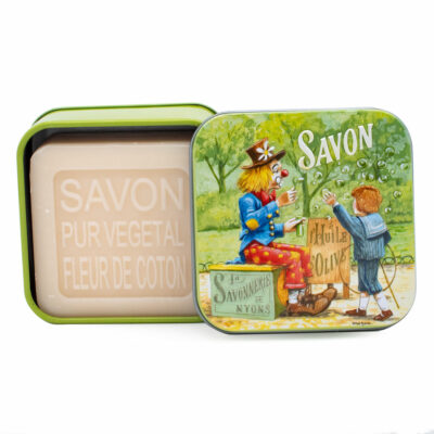 Savon de 100g dans une boite en métal avec une illustration de Clown avec des enfants de la collection de savons "Boites avec Savons"