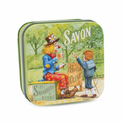 Boite à savon en métal avec une illustration de Clown avec des enfants de la collection de savons "Boites avec Savons" - Fabriqué en France par La Savonnerie de Nyons