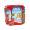 Boite en métal rouge avec une illustration de paysage de la Riviera française de la collection de savons "Boites avec Savons" - Fabriqué en France par La Savonnerie de Nyons