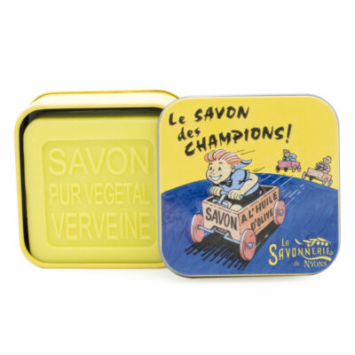 Savon de 100g dans une boite en métal avec une illustration jaune et bleue retro ancienne de la collection de savons "Boites avec Savons"