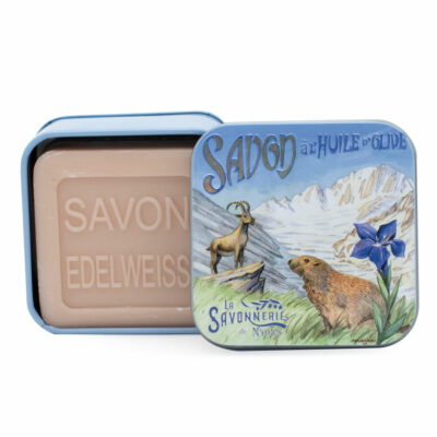 Savon de 100g dans une boite en métal avec une illustration de marmotte collection de savons "Boites avec Savons"