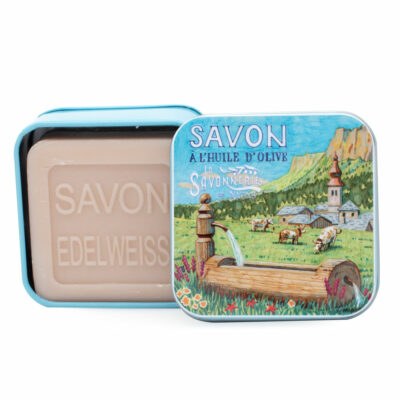 Savon de 100g dans une boite en métal avec une illustration de vaches collection de savons "Boites avec Savons"