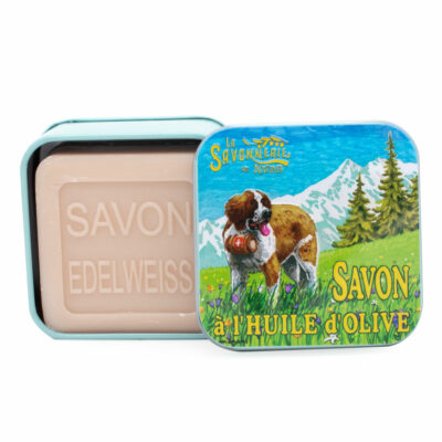 Savon de 100g dans une boite en métal avec une illustration de chien Saint Bernard collection de savons "Boites avec Savons"