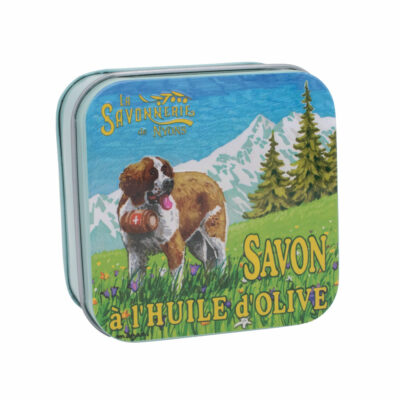 Boite à savon en métal avec une illustration de chien Saint Bernard collection de savons "Boites avec Savons" - Fabriqué en France par La Savonnerie de Nyons