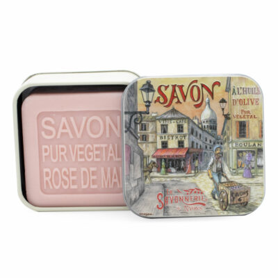 Savon 100g dans une boite en métal avec une illustration du quartier Montmarte à Paris collection de savons "Boites avec Savons"