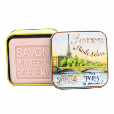 Savon de 100g dans une boite en métal avec une illustration du quartier Montmarte à Paris collection de savons "Boites avec Savons"