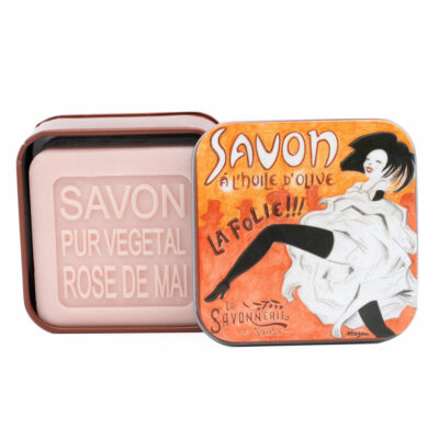 Savon de 100g dans une boite en métal avec une illustration retro des Folies Bergères collection de savons "Boites avec Savons"
