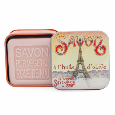 Savon de 100g dans une boite en métal avec une illustration retro de la Tour Eiffel Parisienne de la collection de savons "Boites avec Savons"