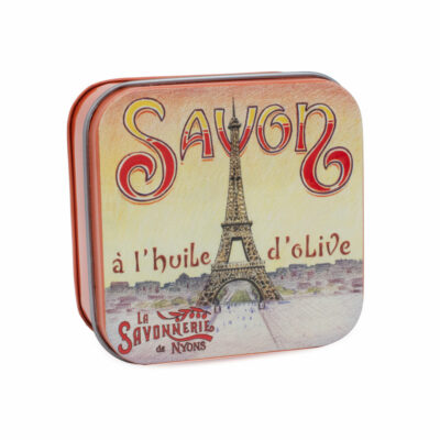 Boite à savon en métal avec une illustration retro de la Tour Eiffel Parisienne de la collection de savons "Boites avec Savons" - Fabriqué en France par La Savonnerie de Nyons