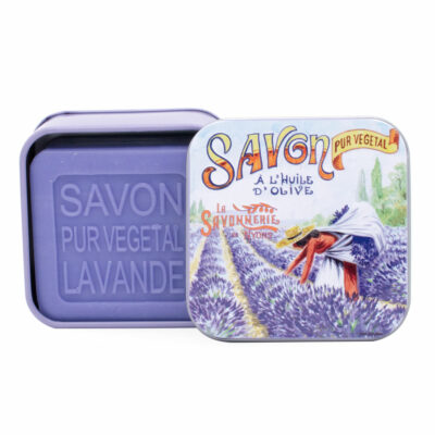 Savon de 100g dans une boite en métal avec une illustration retro de la cueillette de la lavande de la collection de savons "Boites avec Savons"