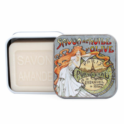 Savon de 100g dans une boite en métal avec une illustration art deco inspirée des arabesques et femmes aux cheveux flottants des peintures de Mucha de la collection de savons "Boites avec Savons"