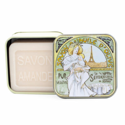 Savon de 100g dans une boite en métal avec une illustration art deco inspirée du style decoratif des peintures de Mucha de la collection de savons "Boites avec Savons"