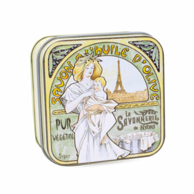 Boite à savon en métal avec une illustration art deco inspirée du style decoratif des peintures de Mucha de la collection de savons "Boites avec Savons" - Fabriqué en France par La Savonnerie de Nyons