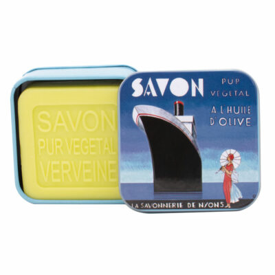 Savon de 100g dans une boite en métal avec une illustration retro de la traversée Transatlantique de la collection de savons "Boites avec Savons"
