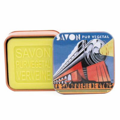 Savon de 100g dans une boite en métal avec une illustration retro du train l'Orient Express de la collection de savons "Boites avec Savons"