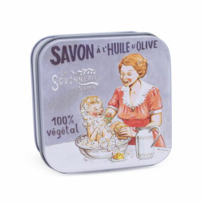 boite à savon en métal avec une illustration retro d'un bébé avec sa maman de la collection de savons "Boites avec Savons" - Fabriqué en France par La Savonnerie de Nyons