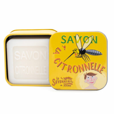 Savon à a citronelle dans une boite en métal illustrée de la collection de savons "Boites avec Savons"
