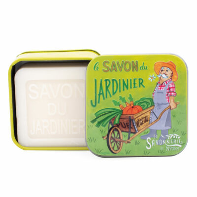 Savon de 100g du jardinier dans une boite en métal illustrée de la collection de savons "Savons des Métiers"