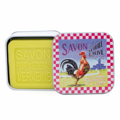 Savon de 100g dans une boite en métal retro illustrée avec un coq de la collection de savons parfumés "Boites avec Savons"
