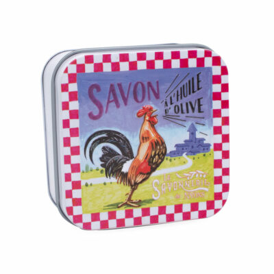 Boite à savon cocorico en métal retro illustrée avec un coq de la collection de savons parfumés "Boites avec Savons" - Fabriqué en France par La Savonnerie de Nyons