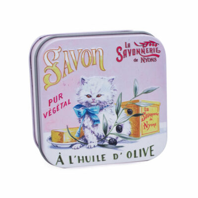 Boite à savon en métal retro illustrée avec un chat persan de la collection de savons parfumés "Boites avec Savons" - Fabriqué en France par La Savonnerie de Nyons