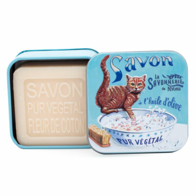 Boite à savon en métal retro illustrée avec un chat roux de la collection de savons parfumés "Boites avec Savons"