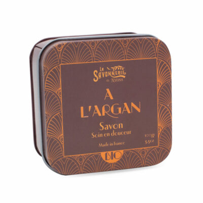 boite à savon de 100g à l'huile d'argan en métal illustrée de la collection de savons "Boites avec Savons" - Fabriqué en France par La Savonnerie de Nyons